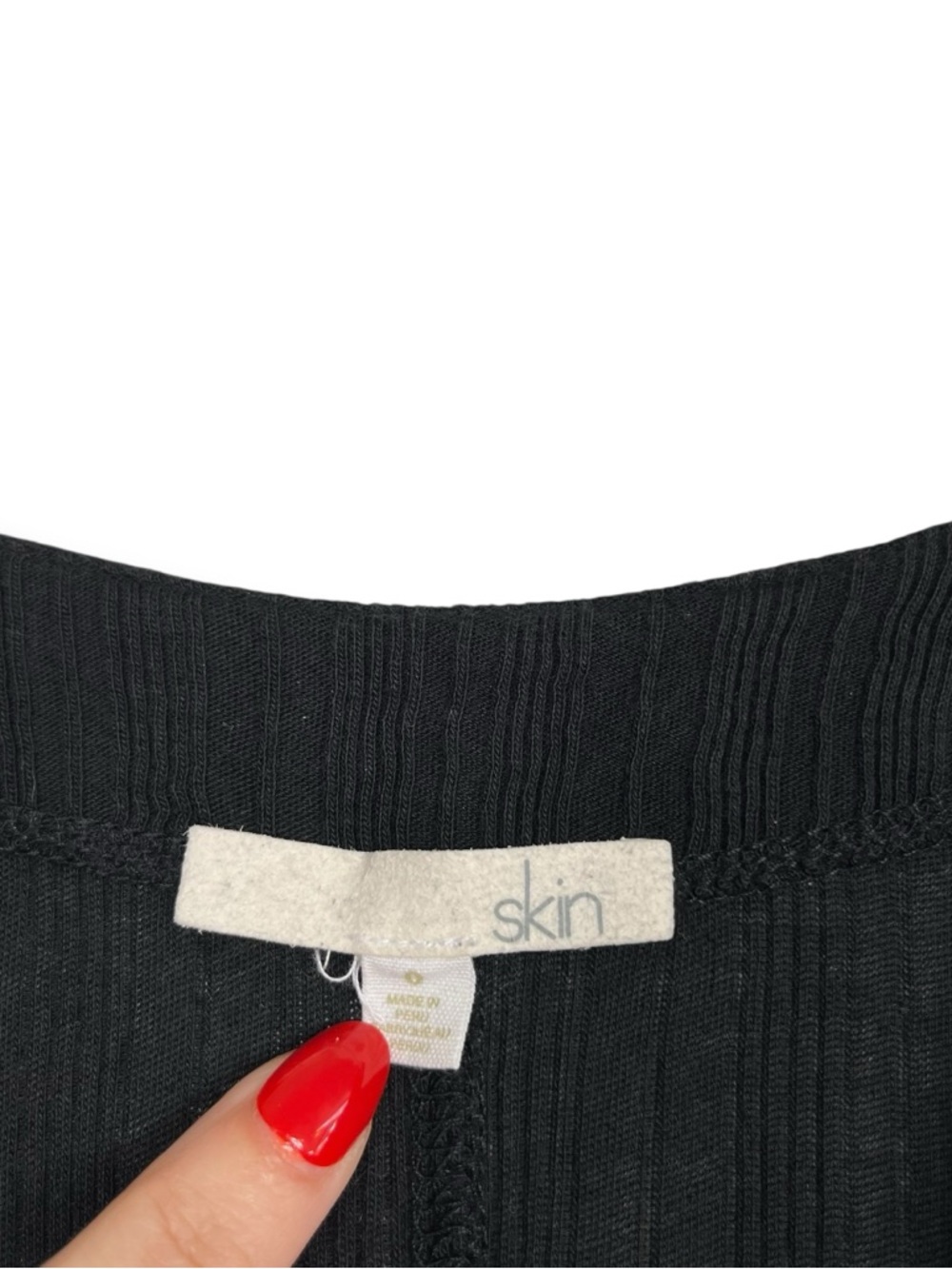 Skin Worldwide Dress Black Ribbed V Neck Flared Sleeve Midi Pima Cotton XS Peru - Picture 6 of 10